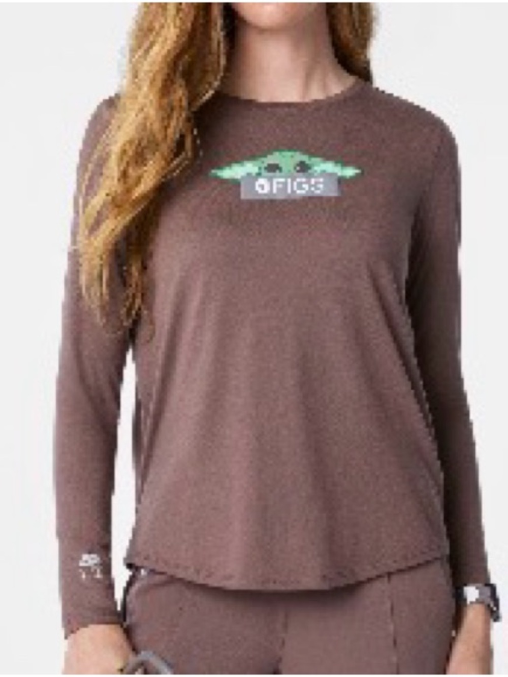 FIGS Brown Long-Sleeve Tee with Green Grogu Peek Graphic
